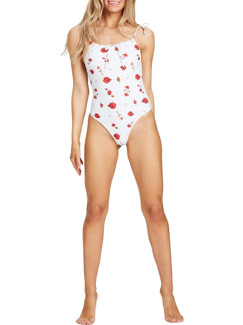 Charlie Holiday White Red Floral Print One Piece Tie Strap Swimsuit Size 8